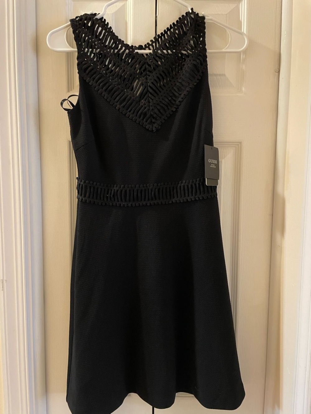 GUESS Black Sleeveless A-Line Dress with Crochet Yoke